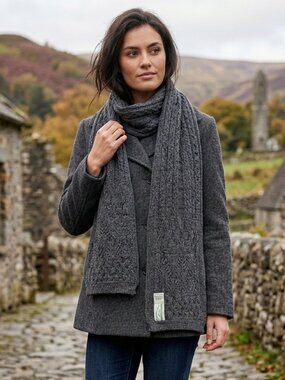 Gray Cable Knit Scarf by Aran Crafts 100% Wool